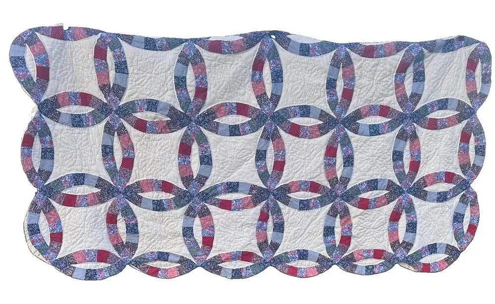 Handmade 1940's Double Wedding Ring Quilt 78”x80” USA Feedsack Hand stitched
